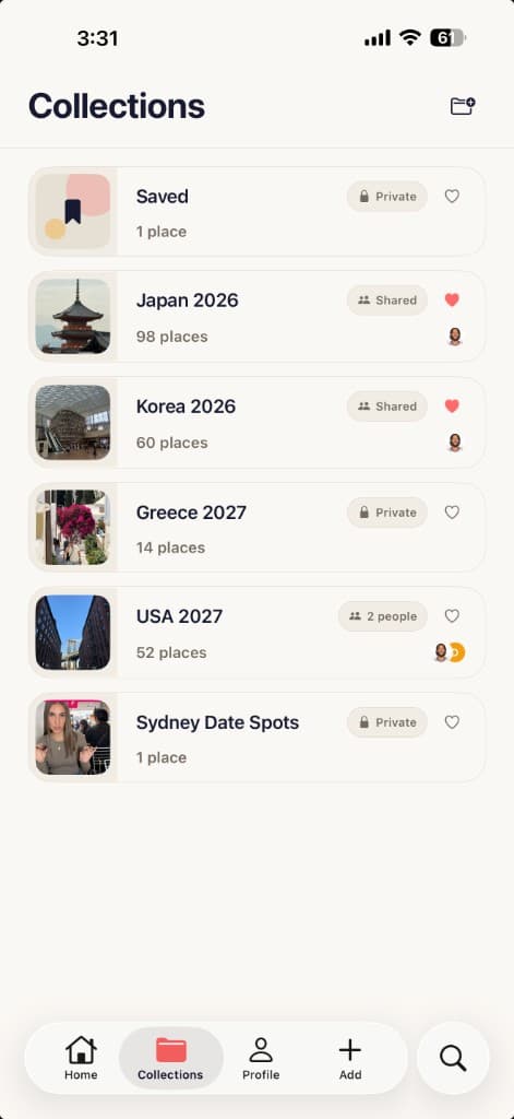 someday collections screen showing curated trip folders like Japan 2026 and Sydney Date Spots