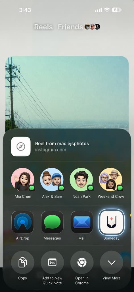 iOS share sheet with someday highlighted while sharing an Instagram reel